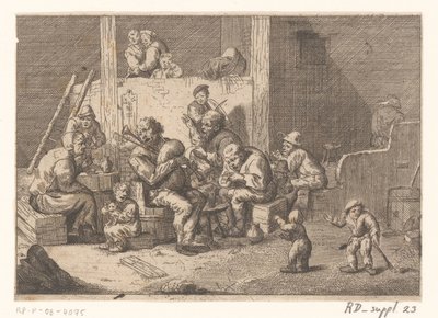 Interieur met doedelzak- en vioolspeler en twee zangers door Jacques Dassonville