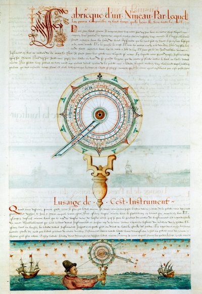 Navigatie-instrumenten: navigator met een astrolabium. Pagina uit 