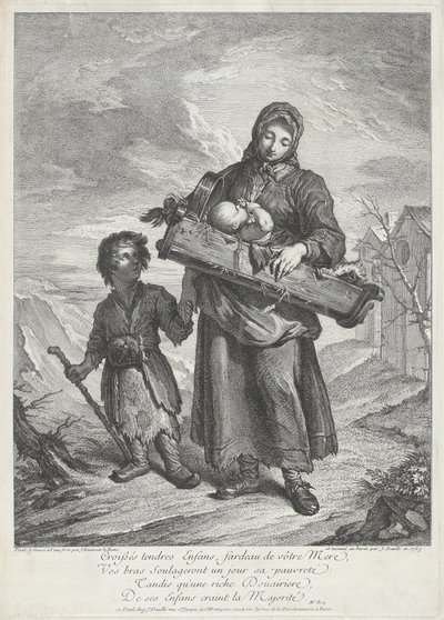 Een Jonge Moeder die een Wieg Draagt door Jacques Dumont Le Romain, finished by Jean Daullé