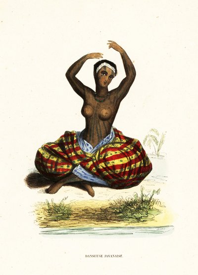 Getatoeëerde en ontblote jonge vrouw die een hula danst terwijl ze op de grond zit door Jacques Etienne Victor (after) Arago