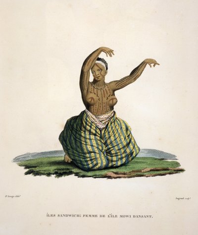 Dansende vrouw van het eiland Maui, op de Hawaiiaanse Eilanden, gegraveerd door Parfait Augrand (geb.1782) door Jacques Etienne Victor Arago