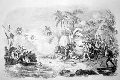 De dood van kapitein Cook, 1779 door Jacques Etienne Victor Arago