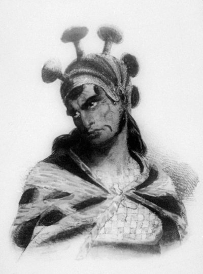 Hawaïaanse krijger met een helm met een paddenstoelversierde kam, 1819 door Jacques Etienne Victor Arago