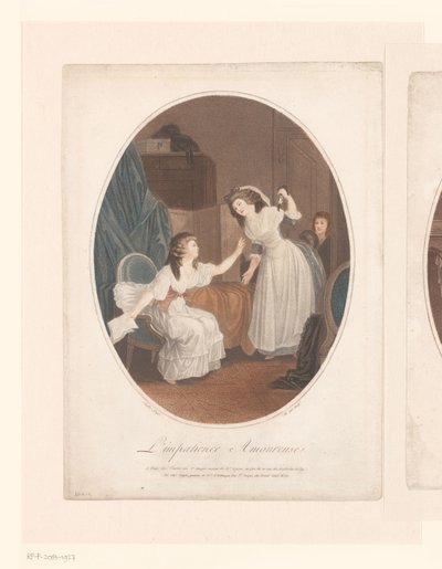 Interieur met twee elegante dames, in de deuropening een jongen door Jacques Eustache de Sève
