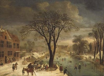 Winters tafereel met schaatsers op een bevroren rivier door Jacques Fouquieres