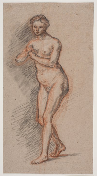 Vrouwelijk modelfiguur met handen voor de borst door Jacques Francois Joseph Saly