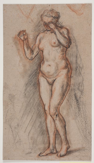 Vrouwelijk modelfiguur met opgeheven armen, de linker voor de ogen door Jacques Francois Joseph Saly