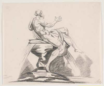 Mannelijke bebaarde figuur met gewaden van achteren gezien bij een fontein door Jacques Francois Joseph Saly