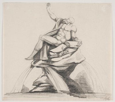 Mannelijke bebaarde figuur in gewaden in profiel gezien bij een fontein door Jacques Francois Joseph Saly