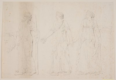 Offerhandeling (?) Drie wandelende figuren in Griekse gewaden. Voorop een man met een amfora en een staf of fakkel, gevolgd door twee vrouwen door Jacques Francois Joseph Saly