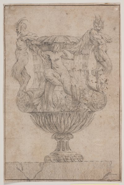 Sierlijke vaas met Pan, faun en nimf. Kopie naar Pl. 14 in de suite van de in 1746 door Saly getekende vazen. "Vasa a se inventa..." door Jacques Francois Joseph Saly