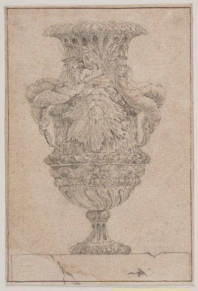 Sierlijke vaas met groot hoofd, zeegod en waternimf. Kopie naar Pl. 26 in de suite van de in 1746 door Saly getekende vazen. "Vasa a se inventa..." door Jacques Francois Joseph Saly