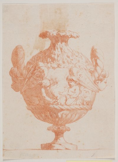 Sierlijke vaas met twee hoofden en twee putti. Kopie naar pl. 19 in de suite van de in 1746 door Saly getekende vazen. "Vasa a se inventa..." door Jacques Francois Joseph Saly