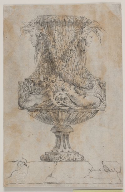 Prydvase met twee hoofden en twee waternimfen. Kopie naar Pl. 20 in de suite van de in 1746 door Saly getekende vazen. "Vasa a se inventa..." door Jacques Francois Joseph Saly