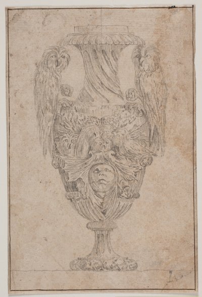 Sierlijke vaas met twee uilen en een hoofd. Kopie naar Pl. 15 in de suite van de in 1746 door Saly getekende vazen, "Vasa a se inventa..." door Jacques Francois Joseph Saly