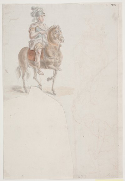 Ruiter in Romeinse kleding met gevederde helm. Ook twee zwakke roodkrijtschetsen van staande en halfknielende mannen. door Jacques Francois Joseph Saly