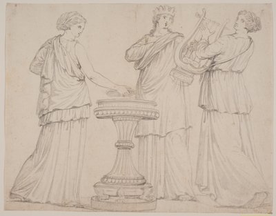 Drie vrouwen in Griekse gewaden bij een altaar. Vrouw links met een tablet (?), in het midden met een kroon, rechts met een lier (terpsichore?) door Jacques Francois Joseph Saly