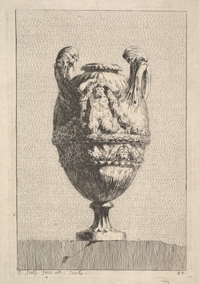 Vaas met een mannelijke sirene die een guirlande vasthoudt, uit: Vazen, 1746 door Jacques Francois Joseph Saly