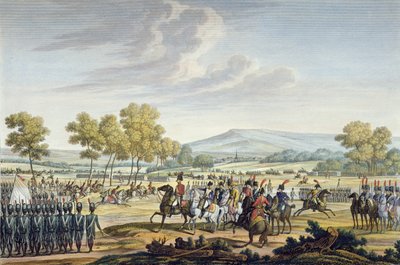De keizerlijke garde manoeuvreert in aanwezigheid van de twee keizers in Tilsit, 28 juni 1807, gegraveerd door Edme Bovinet door Jacques Francois Joseph Swebach