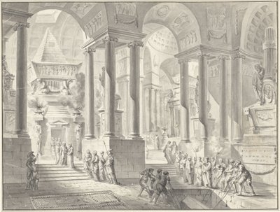 Begrafenis in een gefantaseerd klassicistisch interieur door Jacques François Blondel