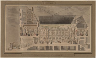 Doorsnede van het Hôtel de Ville gezien in perspectief met de decoratie en verlichting van de binnenplaats en kamers gemaakt ter gelegenheid van het bal gegeven in de nacht van 30 en 31 augustus 1739 door Jacques François Blondel