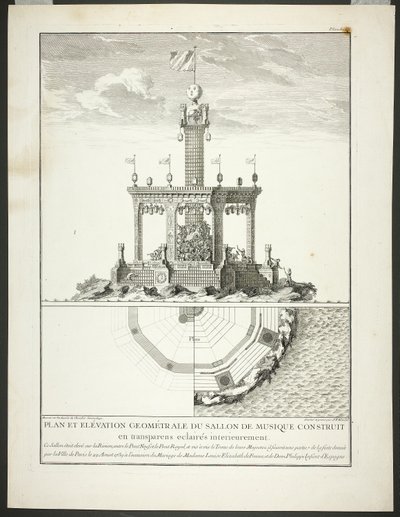Plan and Elevation of a Music Room, plaat drie uit Description des Festes Données par la Ville de Paris door Jacques François Blondel
