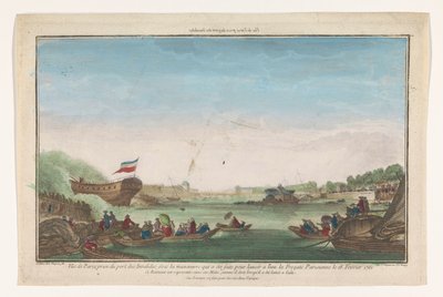 Gezicht op de Port des Invalides te Parijs met het aflopen van het Parijse fregat op 18 februari 1761 door Jacques Gabriel Huquier