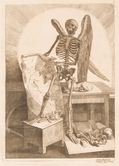 Een Gevleugeld Skelet met een Anatomische Tekening door Jacques Gamelin