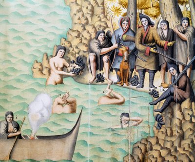 Inheemse vrouwen die schelpdieren vangen in de Straat van Magellan door Jacques Gouin de Beauchesne