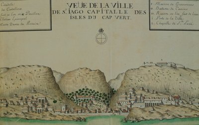 De stad Saint Jago (Santiago) op Kaapverdië, aquarel uit het logboek van Jacques Gouin de Beauchesne door Jacques Gouin de Beauchesne