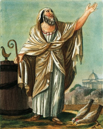 Augur, gravure uit Oud Rome, of historische en picturale beschrijving van alles wat met het Romeinse volk te maken heeft, hun militaire, gebruiken, religieuze en openbare leven door Jacques Grasset de Saint Sauveur