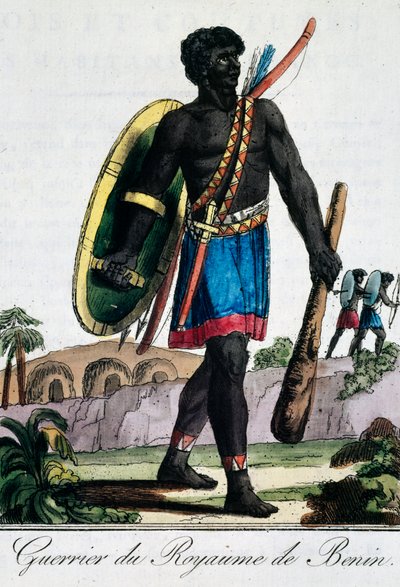 Krijger uit Benin Afrika, gravure uit Reizende encyclopedie door Jacques Grasset de Saint Sauveur