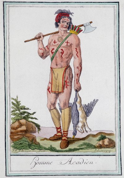 Homme acadien - in "Encyclopedie van Reizen" door Grasset St Sauveur, ed. 1796 door Jacques Grasset de Saint Sauveur