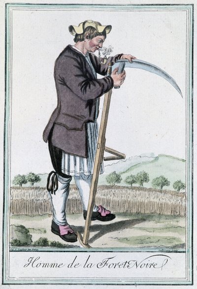 Man van het Zwarte Woud, zijn zeis scherpend voor de oogst - in "Encyclopedie van Reizen" door Grasset St Sauveur, ed. Deroy, Parijs door Jacques Grasset de Saint Sauveur