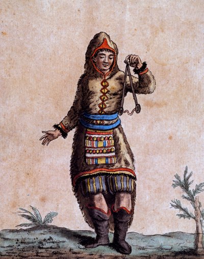 Vrouw van Hudson Bay in traditionele klederdracht, kleurgravure door Laroque, uit Encyclopedie van reizen, door Jacques Grasset de Saint-Sauveur (1757-1810) door Jacques Grasset de Saint Sauveur