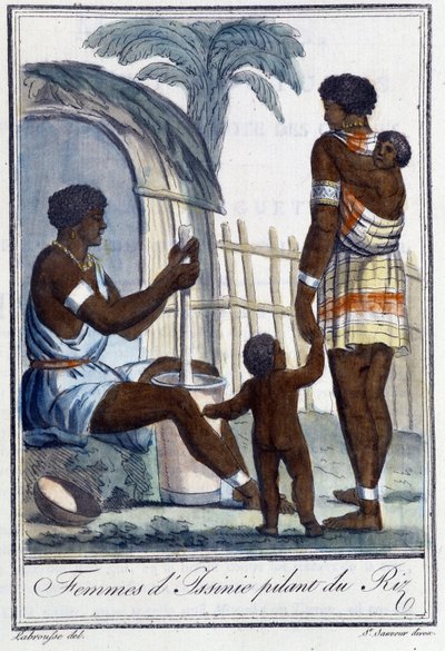 Vrouwen van Issinie rijst stampend - in "Encyclopedie van Reizen" door Grasset St Sauveur, ed. 1796 door Jacques Grasset de Saint Sauveur