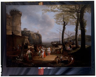 La Tarantelle: Een avond kustlandschap met Napolitaanse boeren die de Tarantella dansen door Jacques Henri Sablet