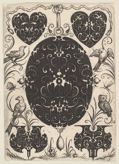 Ovale Hanger Versierd met Schweifwerk, Omgeven door Kleinere Motieven en Vier Vogels, ca. 1614-19 door Jacques Hurtu