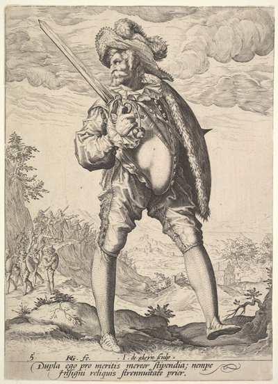 Soldaat, gewapend met breedzwaard en schild, uit Officieren en soldaten, 1587 door Jacques II de Gheyn