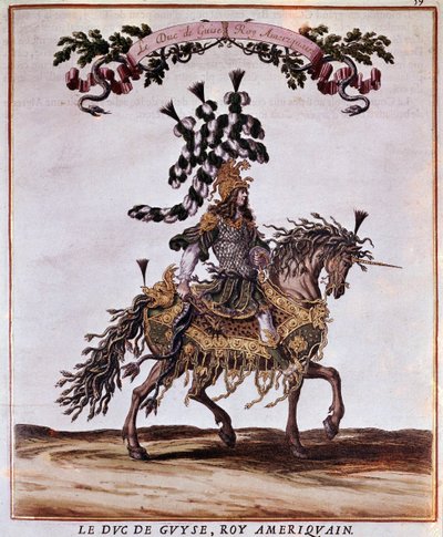 Manuscript van de Carrousel 1662. De hertog van Guise als de Amerikaanse koning, deelnemend aan de Carrousel van 1662 (feest gehouden in Parijs onder het bewind van Lodewijk XIV). Illustratie door Jacques I Bailly (1629 - 1679). door Jacques I Bailly