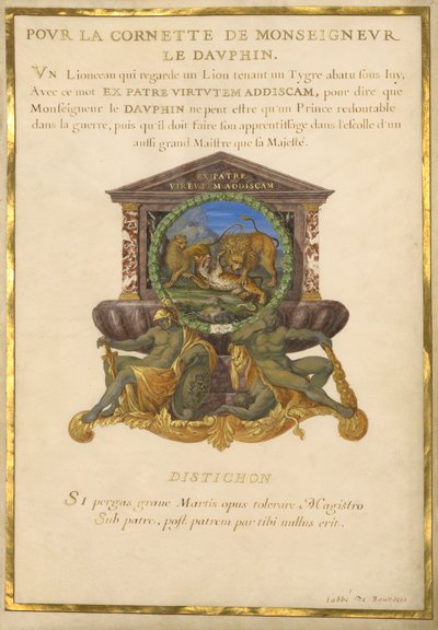 Ms. 11 (4) f.5, Embleem voor Lodewijk XIV, ca. 1663-68 (gouache & goud op perkament) door Jacques I Bailly