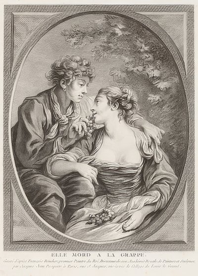 Elle mord à la grappe (Ze sterft aan de druif). 1768 door Jacques Jean Pasquier