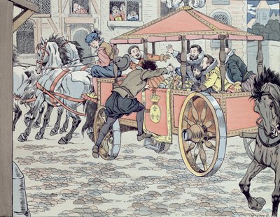 Moord op Hendrik IV door François Ravaillac in de rue de la Ferronerie op 14 mei 1610, c.1900 door Jacques Marie Gaston Onfray de Breville (Job)