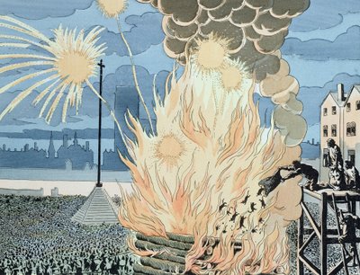 Katten in het vreugdevuur gegooid op de Place de Grève, Parijs, tijdens de nacht van de zomerzonnewende, illustratie uit 