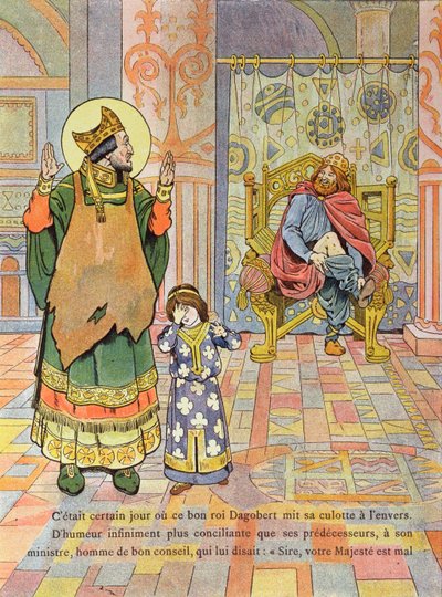 Koning Dagobert I (c.603-39) trekt zijn broek verkeerd om aan, illustratie uit 