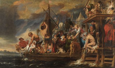 Een veerboot vertrekt terwijl Sint-Pieter een munt vindt in de mond van een vis door Jacques Jordaens