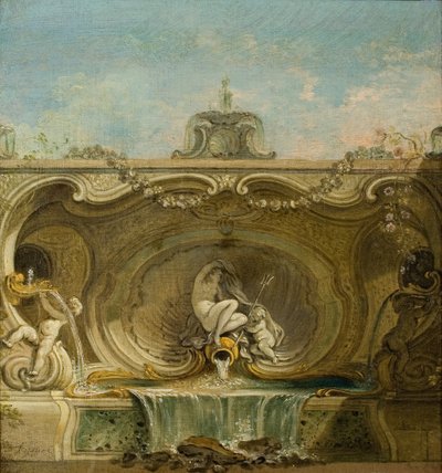Fonteinontwerp. Naiade en Putto door Jacques Lajoue de