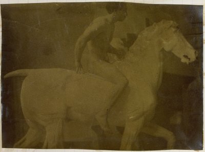 Studie van een mannelijk naaktmodel, gezeten op een gipsen paard, mogelijk voorstudie voor Ruiterportret, Museum voor Schone Kunsten Gent door Jacques Lalaing (attributed to)