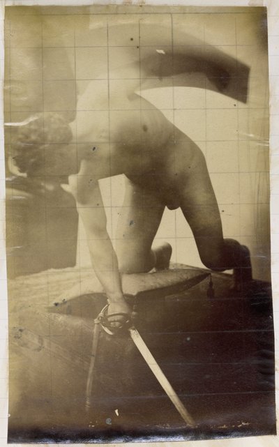 Studie van een mannelijk naaktmodel, op de knieën met een zwaard en schild in de handen door Jacques Lalaing (attributed to)