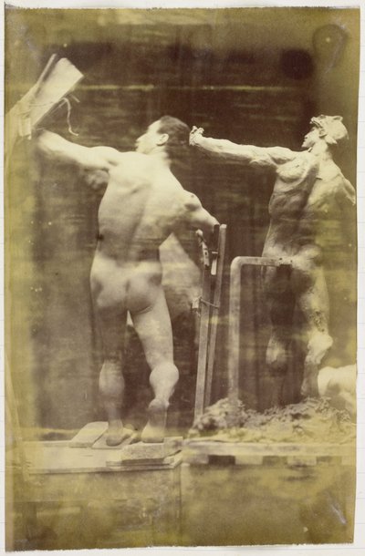 Studie van een mannelijk naaktmodel, op de rug gezien en met de hand in een stellage, naast een gipsmodel in precies dezelfde pose door Jacques Lalaing (attributed to)